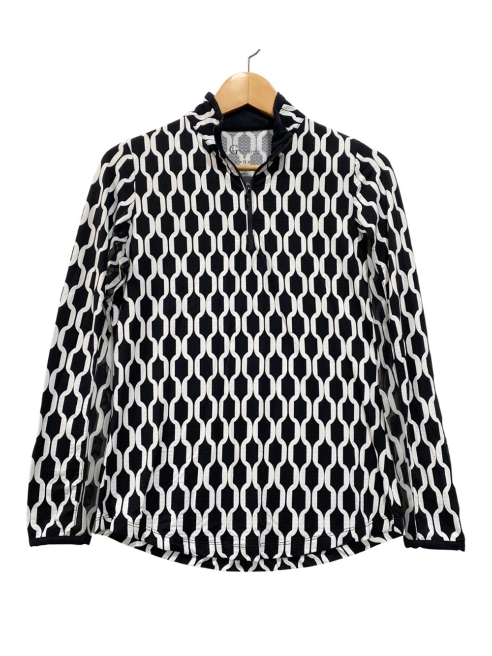 G Lifestyle Long Sleeve Quarter-Zip Pullover S Black White Geometric Mesh Top